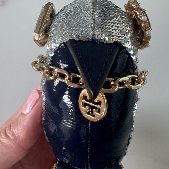 Tory Burch Jeweled Eye Sequins Bird Bag Charm Keychain Blue & Silver - Picture 5 of 11